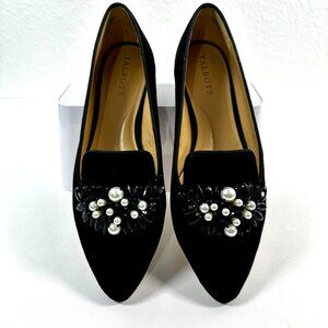 Talbots Edison Jeweled Suede Flats Black | Faux Pearl Loafers | Size 6.5